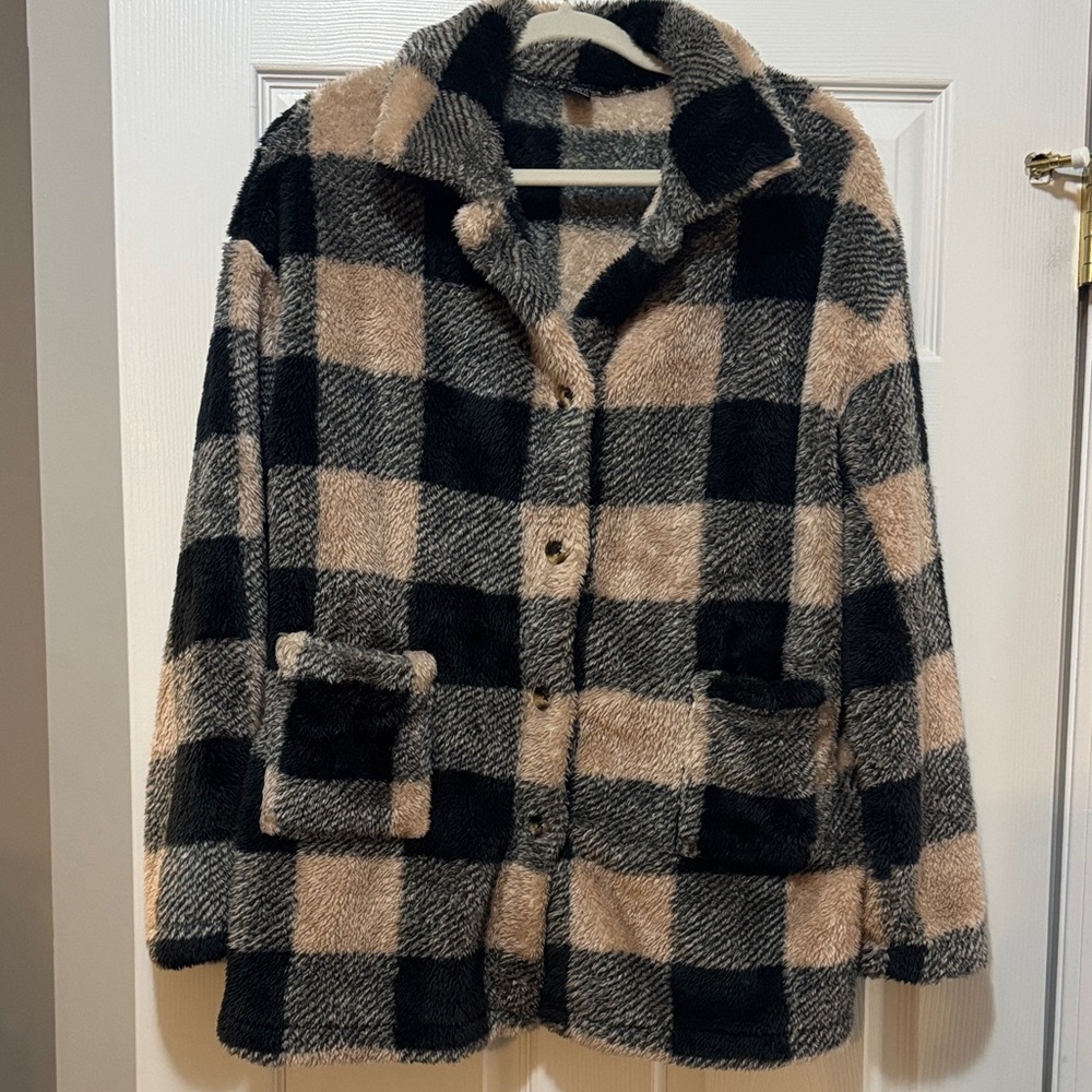 SHEIN Black and Tan Plaid Teddy Jacket